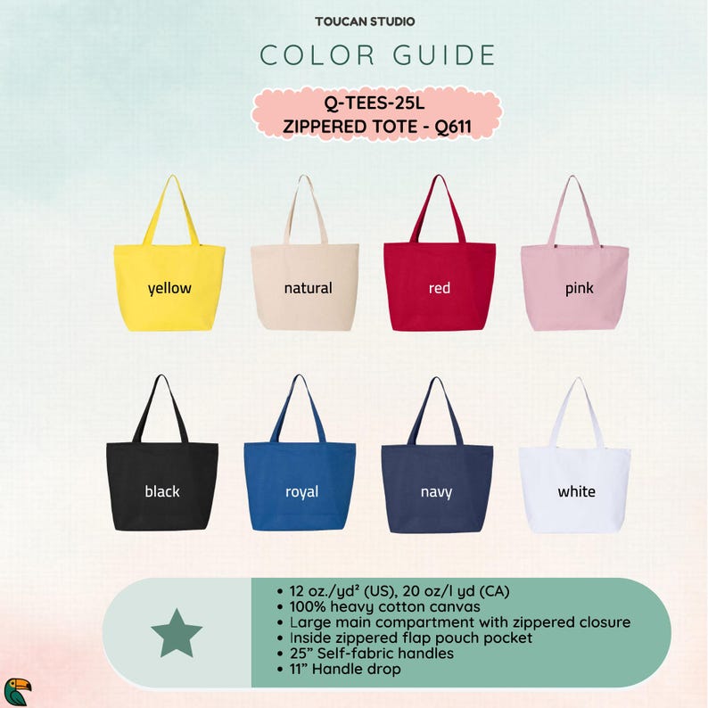 May include: Color guide featuring eight zippered tote bags in various colors: yellow, natural, red, pink, black, royal blue, navy, and white. Each tote has a 25-inch handle and an 11-inch drop. The bags are made of 100% heavy cotton canvas.