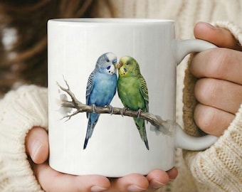 Watercolor Budgie Mug, Blue and Green Parakeet Coffee Cup, Bird Lover Gift, Ceramic Mug with Birds, Budgerigar Art Cup, Gift for Budgie Mom