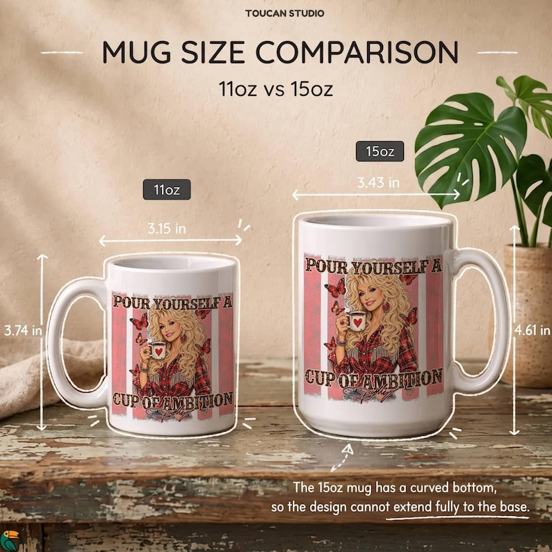 May include: Two white ceramic mugs labeled 11oz and 15oz with a graphic of a blonde woman and butterflies. The 11oz mug measures 3.15 inches wide by 3.74 inches high. The 15oz mug measures 3.43 inches wide by 4.61 inches high, featuring a curved bottom.