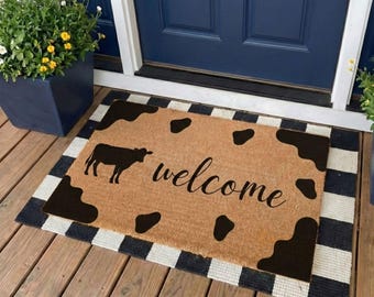 Boho Cow Print, Cow Welcome Mat, Farmhouse Doormat, Rustic Cow Print Front Door Decor, Country Home Welcome Rug, Outdoor Entryway Mat