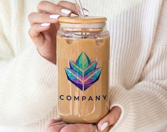 Personalized Glass Cup with Company Logo, Custom 16 oz Cleat or Frosted Glass Tumbler with Bamboo Lid & Two Straws, Gift for Employee