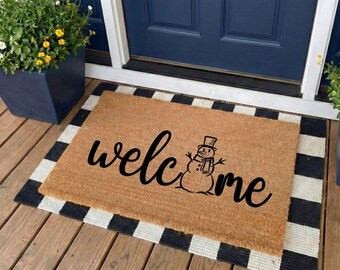 Snowman Doormat, Winter Doormat, Christmas Doormat, Patio Decor, Holiday Door Mat, Snowflake Door Decor, Doormat for Front Porch, Coir Mat