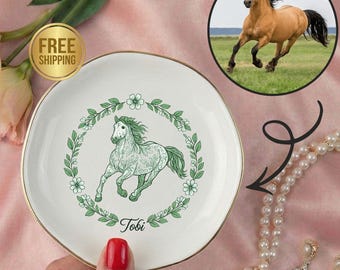 Personalized Horse Photo Ring Dish,Toile De Jouy Pet Ring Dish,Custom Pet Portrait Ceramic Jewelry Dish,Mother's Day Gift for Horse Owner