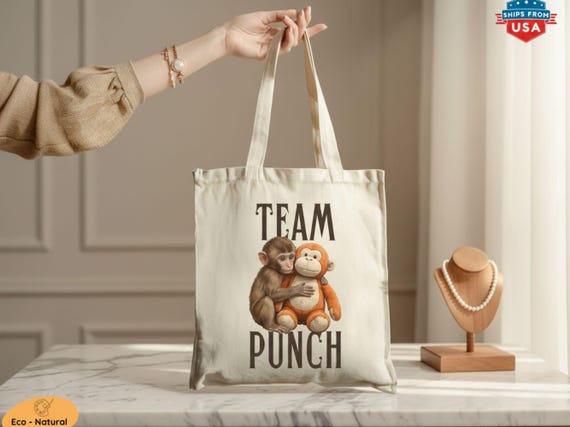 Baby Monkey Punch Tote Bag, Team Punch Monkey Meme Bag, Cute Animal Lover Gift, Funny Viral Video Tote, Zippered Canvas Bag