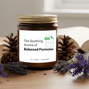 May include: A brown glass jar candle with a gold lid, labeled "The Soothing Aroma of Balanced Formulas." The label includes an Excel icon. The candle is surrounded by pine cones and lavender sprigs. The candle is a natural soy wax candle.