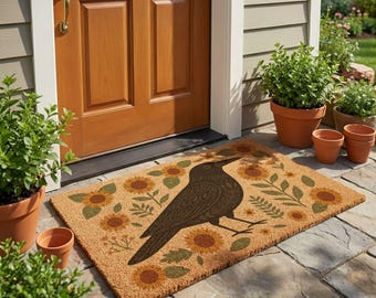 Raven Doormat Sunflower Welcome Mat Crow Porch Decor Cottagecore Entry Mat Botanical Floral Front Door Door Mat, Nature Lover Gift