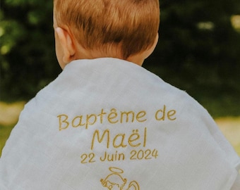 Lange bébé coton blanc brodé personnalisé. Lange baptême, lange naissance, cadeau bébé, lange enfant, lange gaze de coton broderie prénom