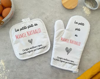Gant et manique cuisine personnalisé. Cadeau unique Mamie, papi, maman, papa. Idée cadeau famille, Noël, fête des mamies et cadeau nounou