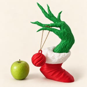 May include: A green textured hand emerging from a red and white stocking, holding a red spiral-patterned ornament by a thin string. A single green apple is positioned to the left of the stocking, providing a clear sense of scale for the object.