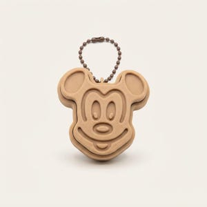 May include: A light brown, three-dimensional moulded plastic keyring featuring the iconic face of a cartoon mouse with large rounded ears, oval eyes, and a wide smiling mouth, attached to a dark brown beaded ball chain for hanging purposes.