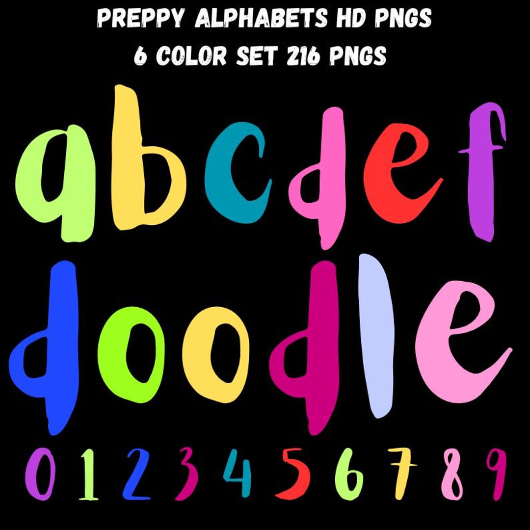 Preppy Letters & Numbers PNG Bundle, 6 Colors Doodle Alphabet Clipart ...