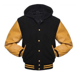 May include: Black varsity jacket with a hooded design and gold-colored leather sleeves. The jacket features a button-up front, two pockets, and gold and black striped details on the cuffs and hem. A classic style.