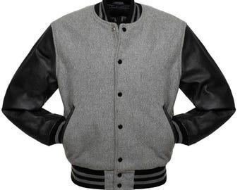 Giacca da uomo in lana grigia e pelle nera da college, stile Letterman
