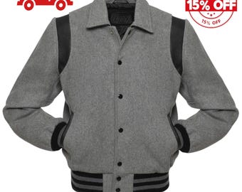 Retro Jacket Grey Wool & Black Varsity Letterman Jacket Handmade Bomber Jacket Baseball Jacket American Fashion Jacket For Men's