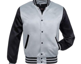 Herr Varsity satinjacka Bomberjacka Silver & svart satinjacka Amerikansk varsity-jacka Collegejacka Handgjord Letterman-jacka