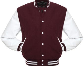 Maroon & White Varsity Jacket Handmade Bomber Fashion Jacket For Men's
