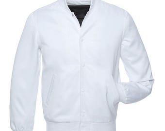 Chaqueta universitaria de satén blanco, chaqueta universitaria Letterman, chaqueta bomber de satén hecha a mano para hombre.