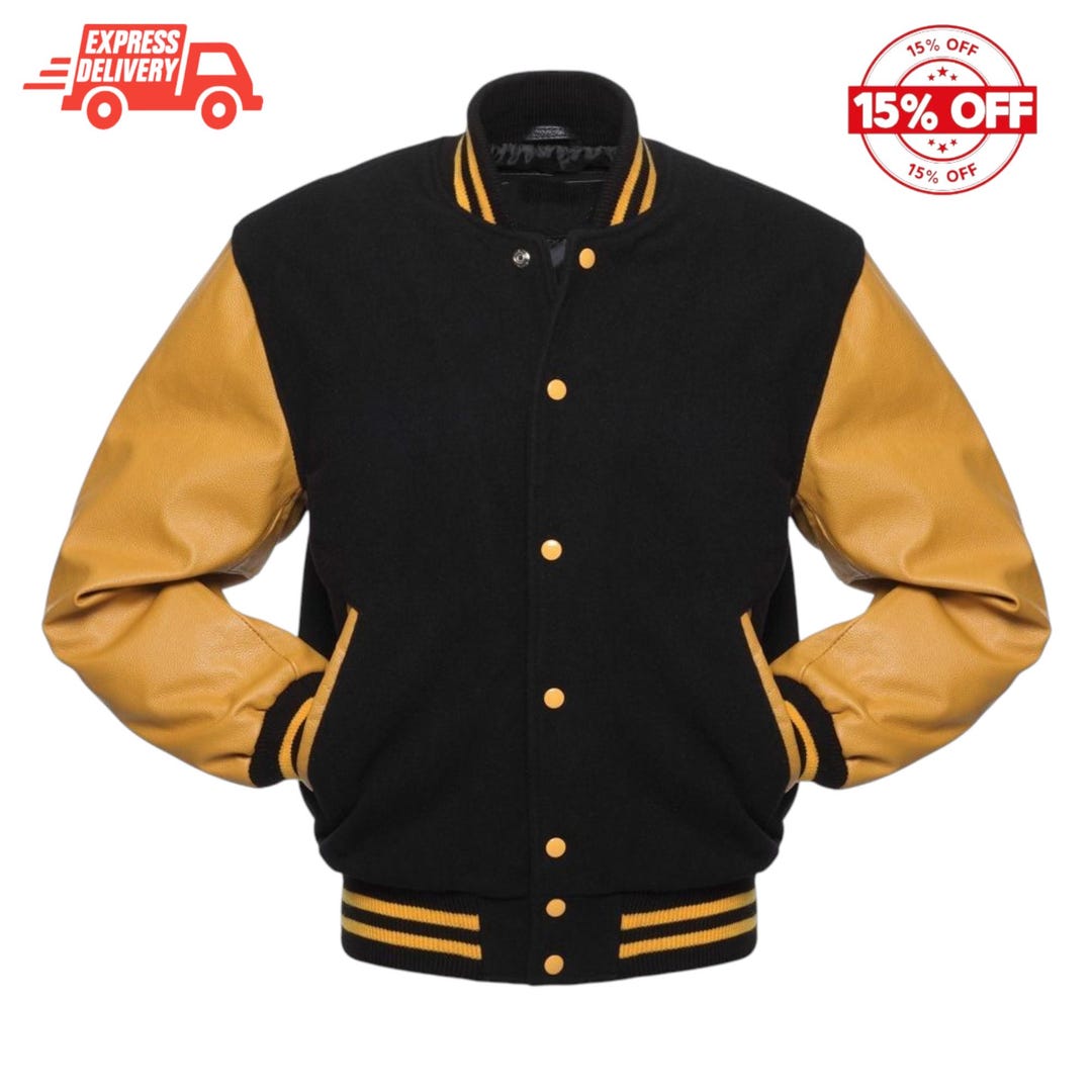 Letterman Black & Gold Varsity Jacket Handmade Black Wool Body and Gold ...