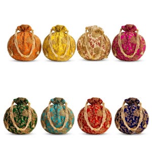 May include: Eight round drawstring pouches in orange, yellow, cream, pink, green, teal, red, and blue. Each pouch features intricate gold floral embroidery and a decorative handle made of white faux pearls with dangling tassels at the ends.