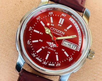Vintage Citizen Automatic 8200 Refurbished Japan Men's Day&Date Red Colour Dial Wrist Watch