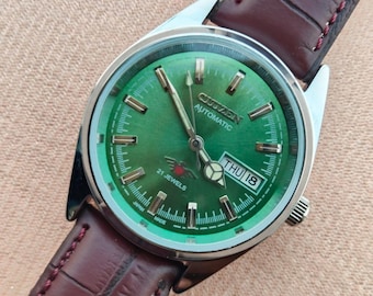 Vintage Citizen Automatic Watch, Green Dial, Day/Date, Japan Made