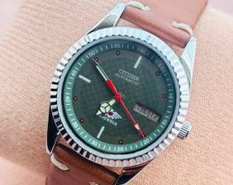 Vintage Citizen Automatic Watch, Green Dial, Day Date, Japan Made