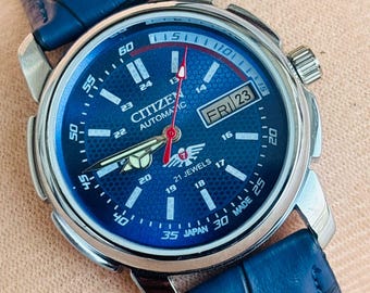 Vintage Citizen Automatic 8200 Refurbished Japan Men's Day&Date Blue Color Dial Wrist Watch