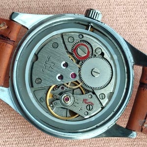 May include: Close-up of a vintage wristwatch with a silver case and a brown leather strap. The watch's intricate mechanical movement is visible, featuring gears, jewels, and a balance wheel. The watch has a textured silver crown.
