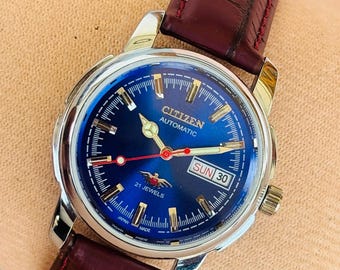Vintage Citizen Automatic 8200 Refurbished Japan Men's Day&Date Blue Colour Dial Wrist Watch
