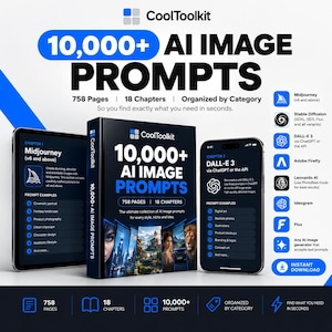 以下が含まれることがあります： CoolToolkitによる「10,000+ AI Image Prompts」と題されたデジタル製品バンドル。厚い本、タブレット、スマートフォンが章の内容を表示しています。青と白のテキスト、様々なAIツールのアイコン、758ページと18章のリストが含まれており、プロンプト生成のために整理されたカテゴリーを強調しています。