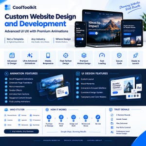 Op de afbeelding: Een CoolToolkit promotiegrafiek voor aangepaste websiteontwerp- en ontwikkelingsdiensten. Het toont een laptop, smartphone en tablet met webinterfaces, naast lijsten met UI/UX-functies, animatiemogelijkheden en werkstappen.
