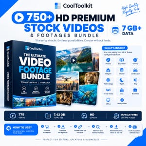 May include: A digital product bundle titled CoolToolkit 750+ HD Premium Stock Videos & Footages Bundle, featuring a blue and white box design, preview thumbnails of nature and city scenes, and a list of categories including nature, education, and technology.