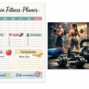 Könnte beinhalten: Ein Fitness-Bild mit einem Trainingsplaner, einschließlich Abschnitten für Krafttraining, Cardio und Stretching. Das Bild zeigt auch eine Gym-Szene mit Hanteln, einer Kettlebell (16 kg) und trainierenden Personen.