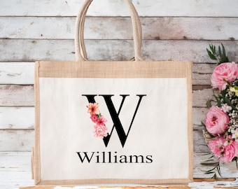 Personalized Floral Initial Jute Bag - Custom Family Name