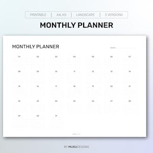 Könnte beinhalten: Ein weißer Monatsplaner mit einem Kalenderraster, mit Daten von 01 bis 31. Der Text "MONTHLY PLANNER" steht oben. Ein hellblauer Stift befindet sich rechts. Der Planer ist mit "PRINTABLE" und "LANDSCAPE" gekennzeichnet.