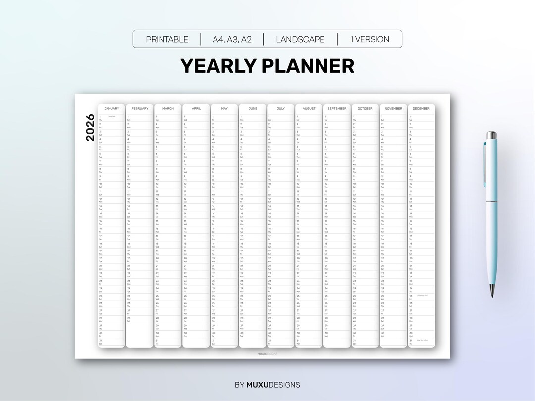 Jahresplaner Template 2026, A4/A3/A2, Instant Download PDF