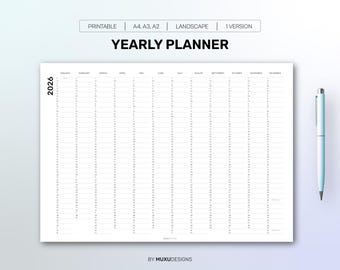 Plantilla de planificador anual 2026, A4/A3/A2, descarga instantánea en PDF, planificador minimalista