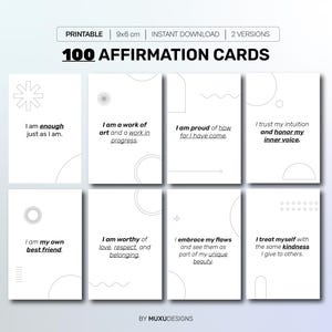 Puede incluir: Un conjunto de 100 tarjetas de afirmación, cada una con una declaración positiva en un diseño minimalista. Las tarjetas son blancas con texto negro e ilustraciones geométricas. Las tarjetas miden 9x6 cm.