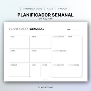 Planificador Semanal Español, Objetivos, Tareas, Logros (A4/A3 PDF)
