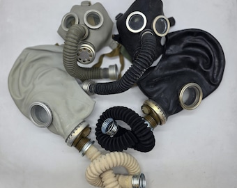 Vintage Russian USSR Rubber Gas Masks with hoses GP5 PDF black gray Collection Set