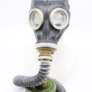 May include: A classic black gas mask featuring circular lenses and a grey, corrugated hose leading to a green canister. The mask has a rubberized finish and a metallic filter.
