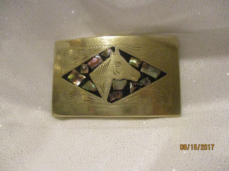 SilverNickel Silver Horse Belt Buckle Abalone Inlay Signed Alpaca Mexico Vintage Western Wear Unisex Belt Buckle Handcrafted Buckle