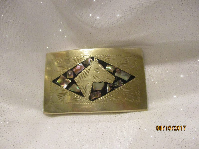 SilverNickel Silver Horse Belt Buckle Abalone Inlay Signed Alpaca Mexico Vintage Western Wear Unisex Belt Buckle Handcrafted Buckle