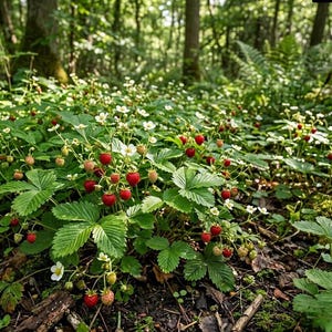 May include: A patch of wild strawberry plants growing in a forest setting. The plants feature vibrant green trifoliate leaves, small white five-petaled flowers, and numerous small, bright red conical berries scattered throughout the foliage.