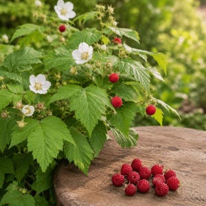 May include: A raspberry plant with green serrated leaves, white five-petaled flowers, and small red berries. A cluster of freshly picked red raspberries sits on a weathered, circular wooden surface in the foreground of the plant.