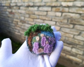 Crochet & Embroidery Brooch • 3D Tree with Wildflowers • Mohair Boho Jewelry