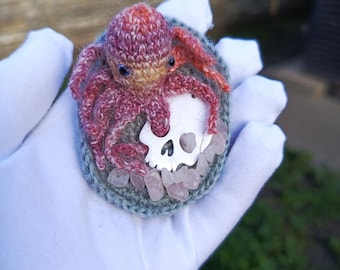 Crochet Skull Brooch with Octopus • Ocean Jewelry • Gothic Memento Mori Fiber Art Pin