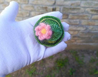 Crochet & Embroidery Mohair Brooch • Pink Lotus Flower on Lily Pad • Nature Inspired Jewelry