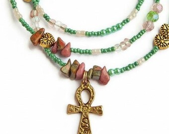 Unakite Waist Beads: Egyptian Ankh Belly Chain