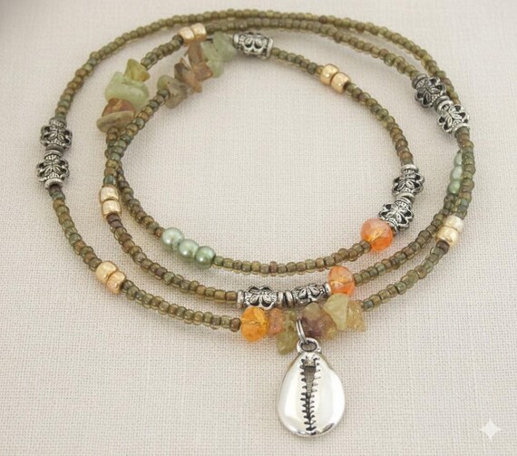 Green Garnet Cowrie Waist Beads, Pewter Charm, African Tribal Style